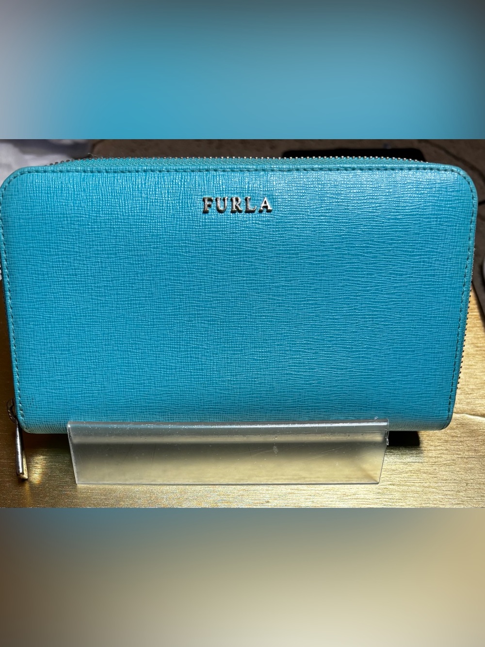 Furla Turquoise Saffiano Leather Zip Pouch